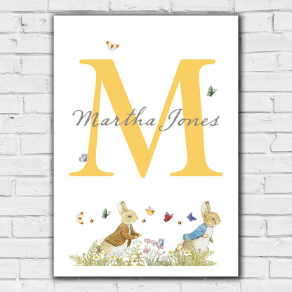 Peter Rabbit Print - Butterflies Yellow Letter and Personalised Name