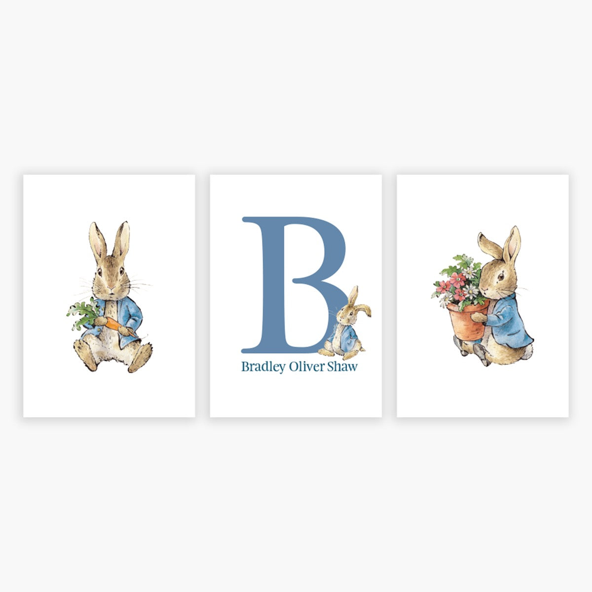 Peter Rabbit Print - Carrot and Flowers Personalised Letter and Name Set of 3 Prints