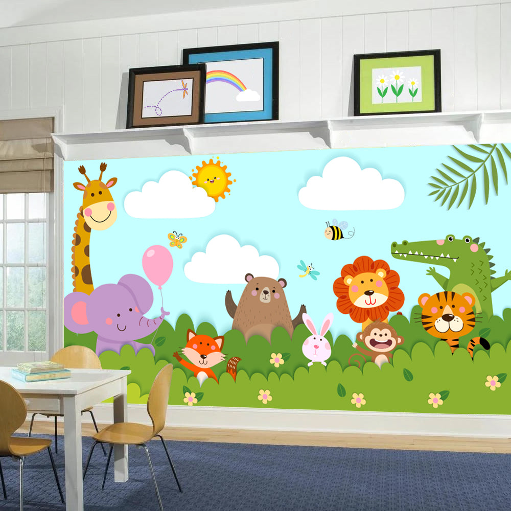 Nursery Wall Mural - Cartoon Animals Waving