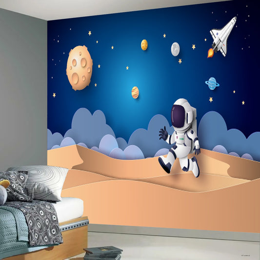 Space Wall Mural - Cartoon Astronaut Jumping on Planet Full Wall Mural