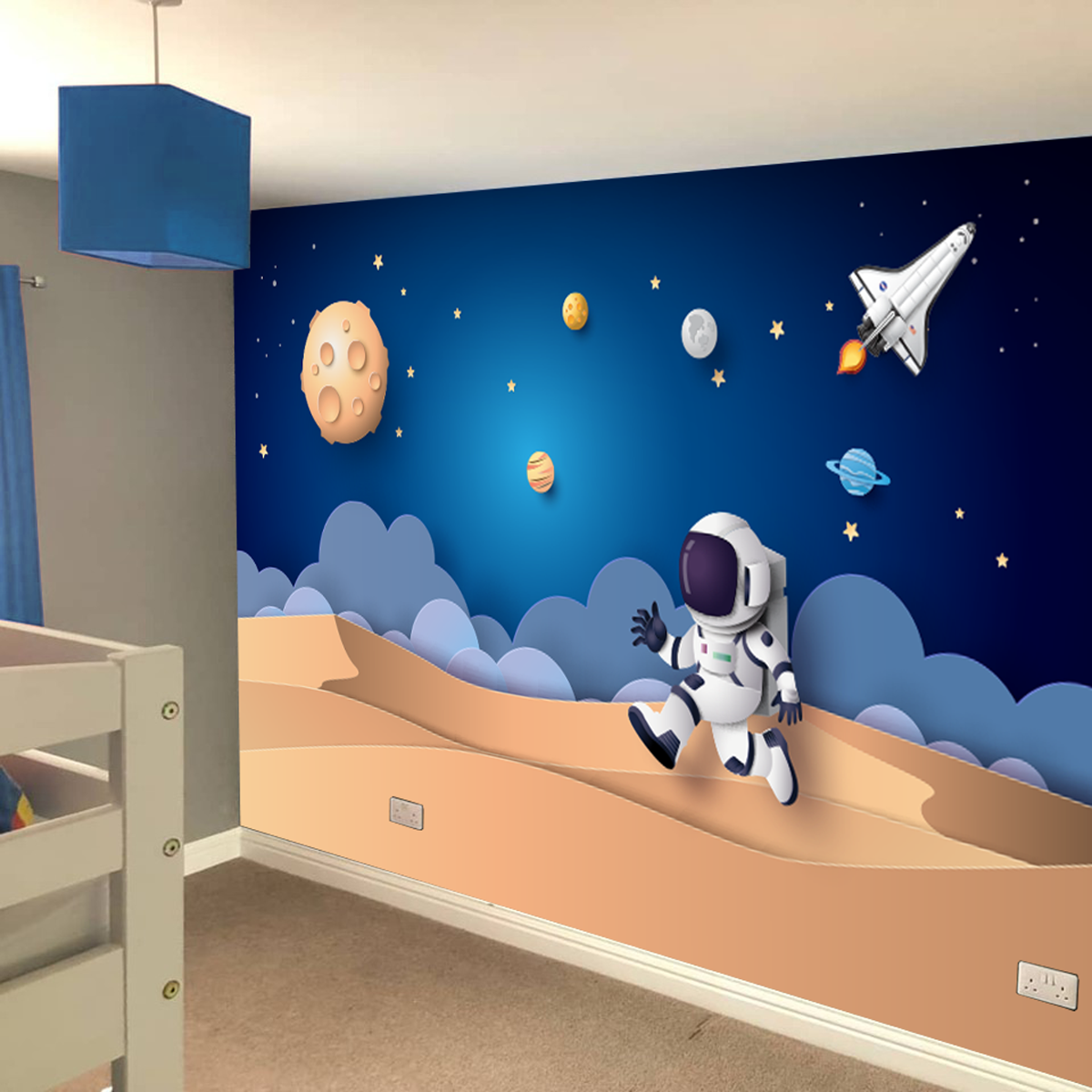 Space Wall Mural - Cartoon Astronaut Jumping on Planet Full Wall Mural