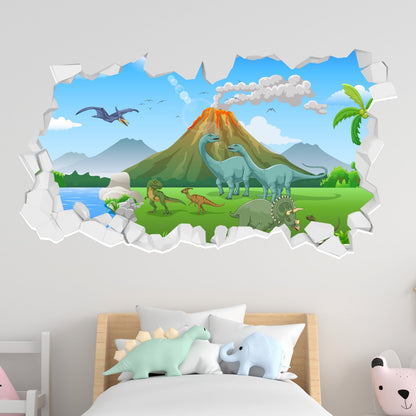 Dinosaur Wall Sticker - Cartoon Dinosaur Land with Erupting Volcano Broken Wall