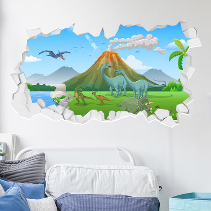 Dinosaur Wall Sticker - Cartoon Dinosaur Land with Erupting Volcano Broken Wall