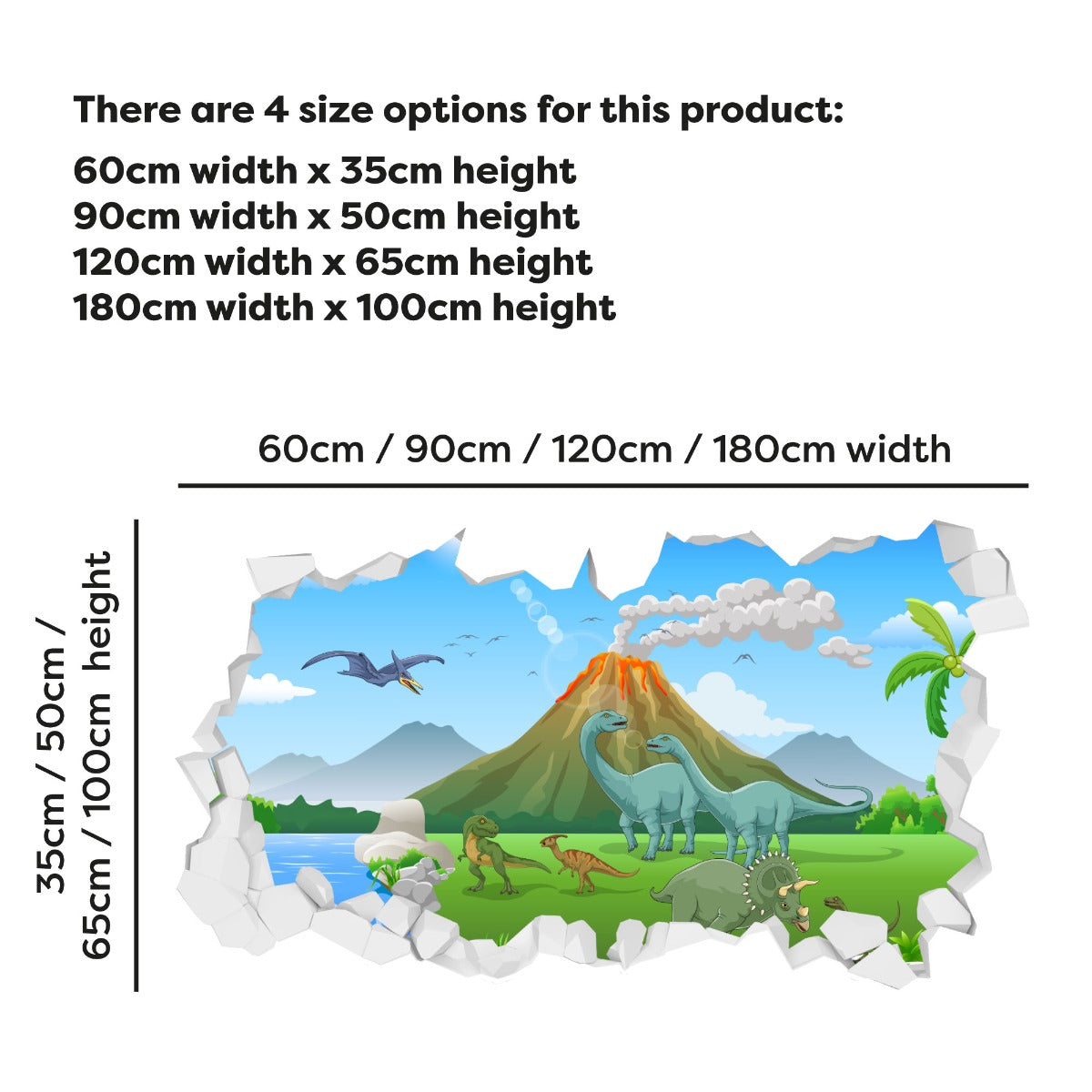 Dinosaur Wall Sticker - Cartoon Dinosaur Land with Erupting Volcano Broken Wall