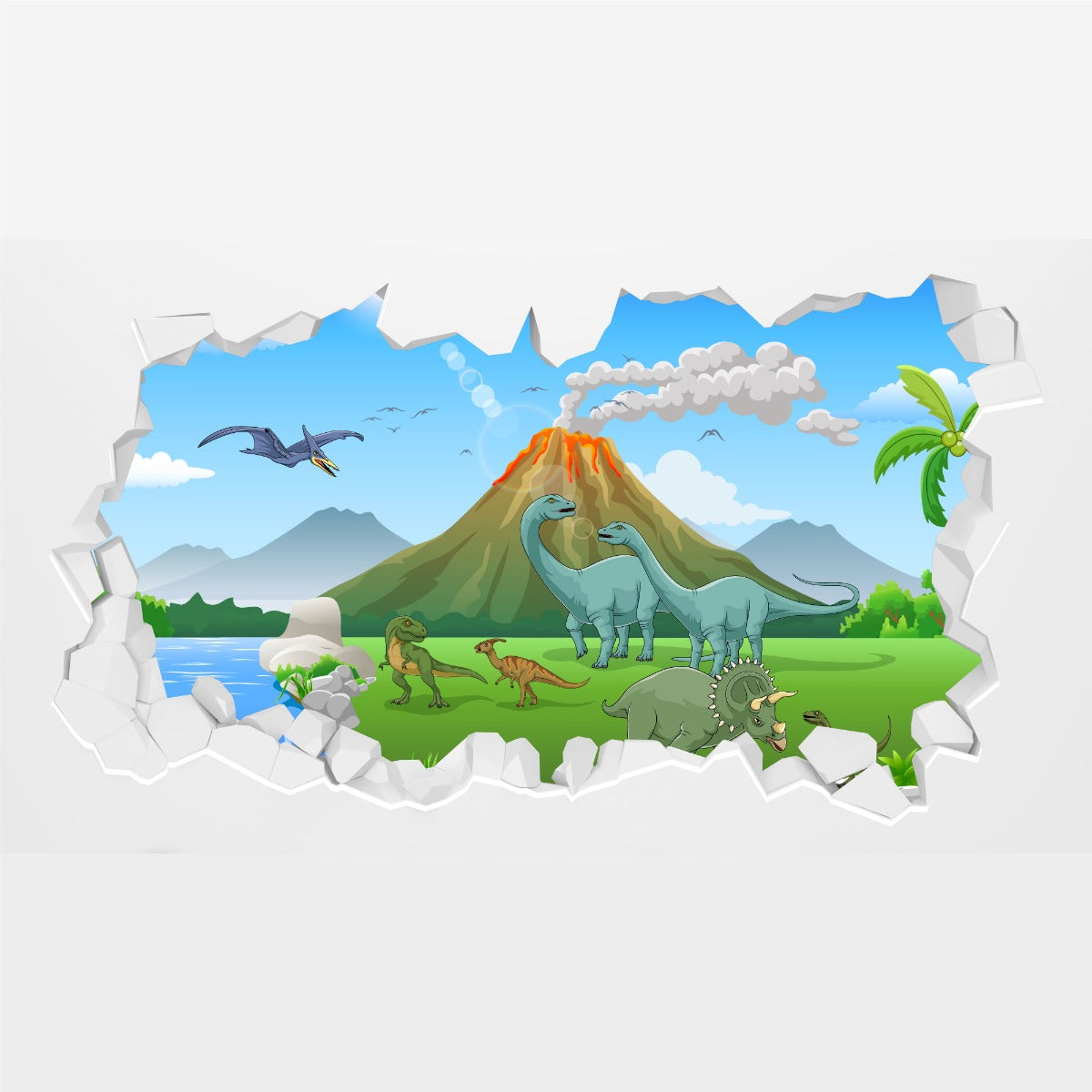 Dinosaur Wall Sticker - Cartoon Dinosaur Land with Erupting Volcano Broken Wall