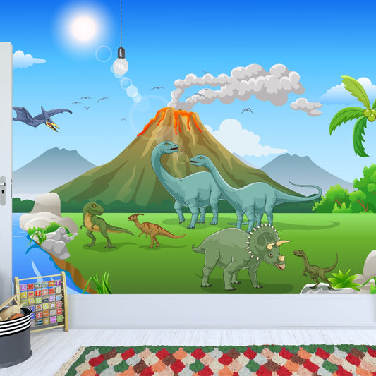 Dinosaur Wall Mural - Cartoon Dinosaur Land with Erupting Volcano Full Wall Mural