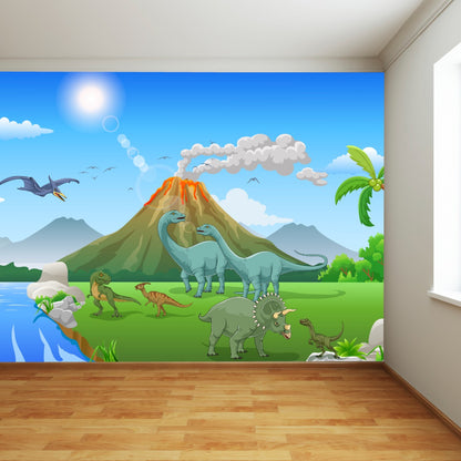 Dinosaur Wall Mural - Cartoon Dinosaur Land with Erupting Volcano Full Wall Mural