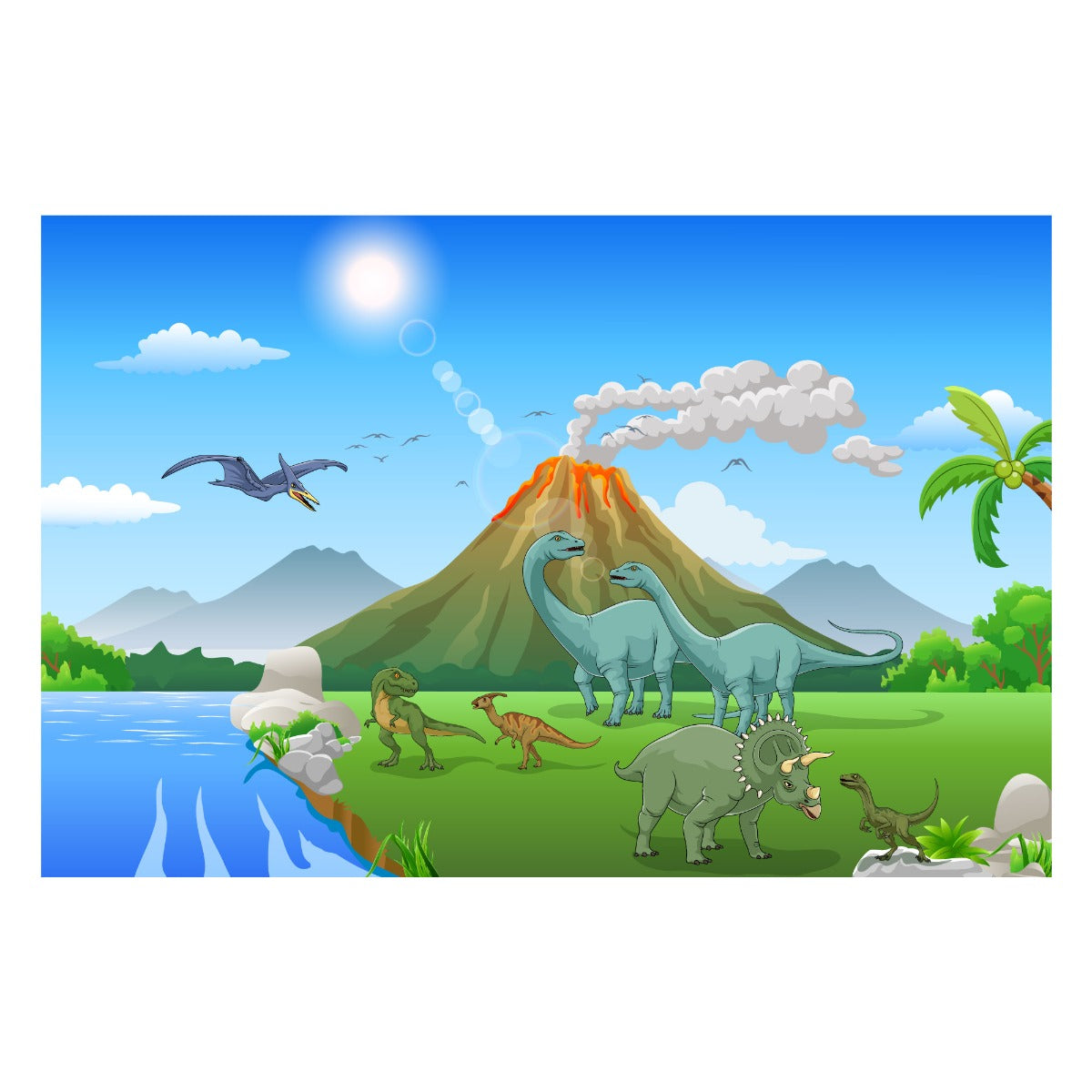 Dinosaur Wall Mural - Cartoon Dinosaur Land with Erupting Volcano Full Wall Mural