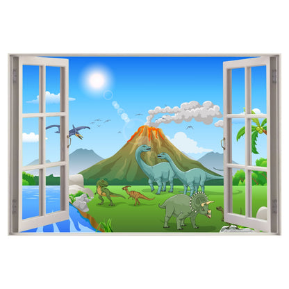 Dinosaur Wall Sticker - Cartoon Dinosaur Land with Erupting Volcano Window Wall