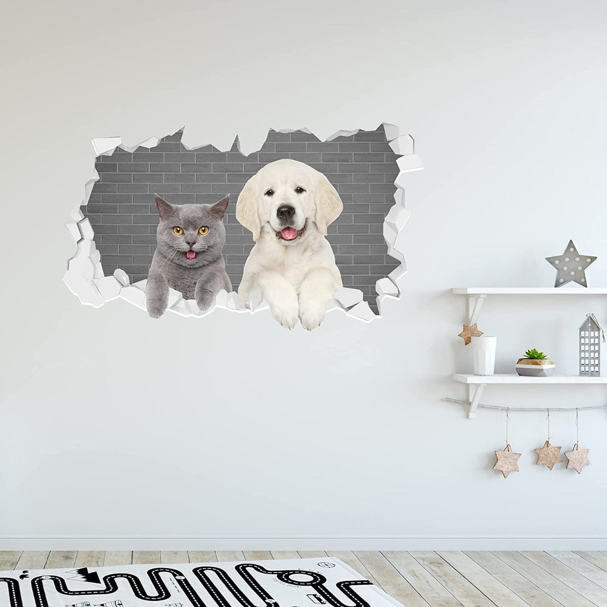 Cat and Dog Leaning Over Broken Wall Sticker