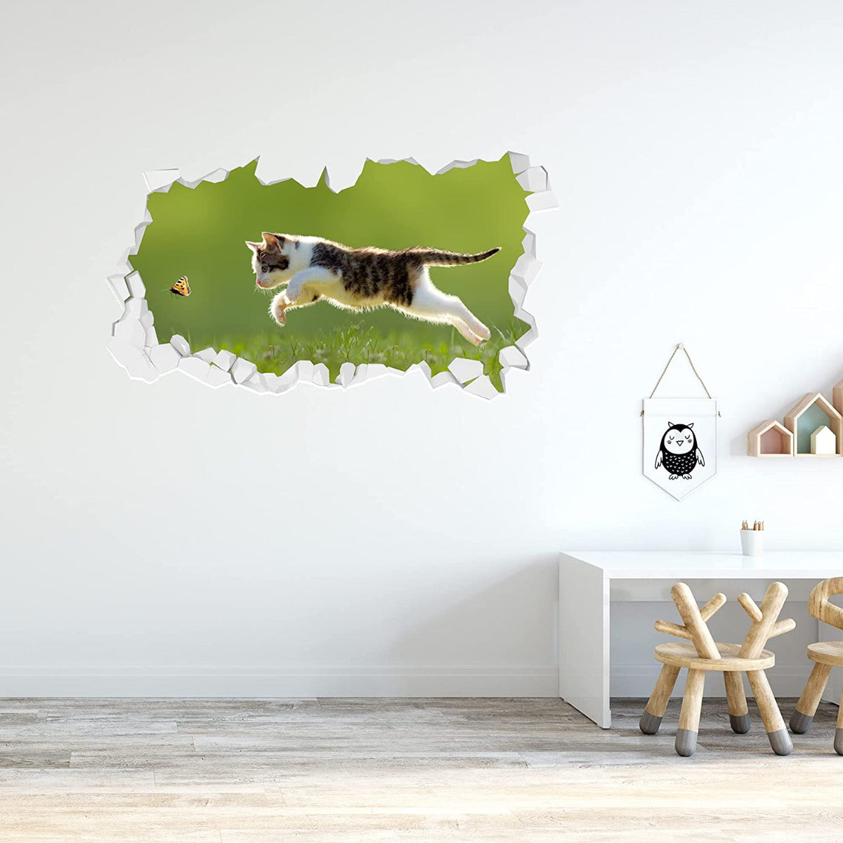 Cat Chasing Butterfly Broken Wall Sticker