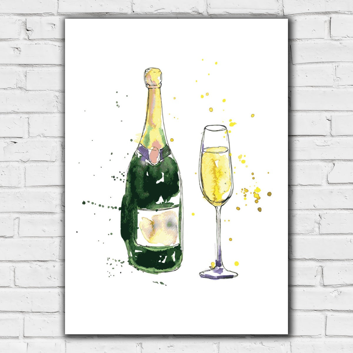 Alcohol Print - Watercolour Champagne Bottle and Glass