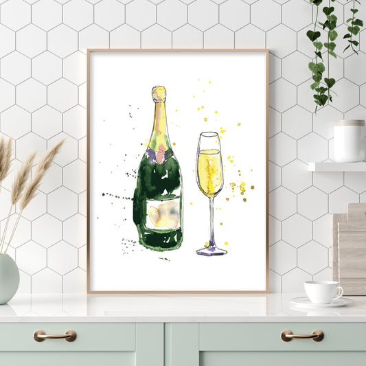 Alcohol Print - Watercolour Champagne Bottle and Glass