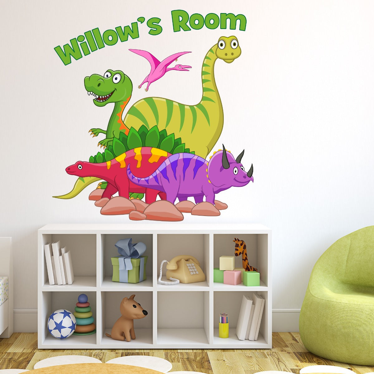 Dinosaur Wall Sticker - Colourful Cartoon Dinosaur Group Personalised Name