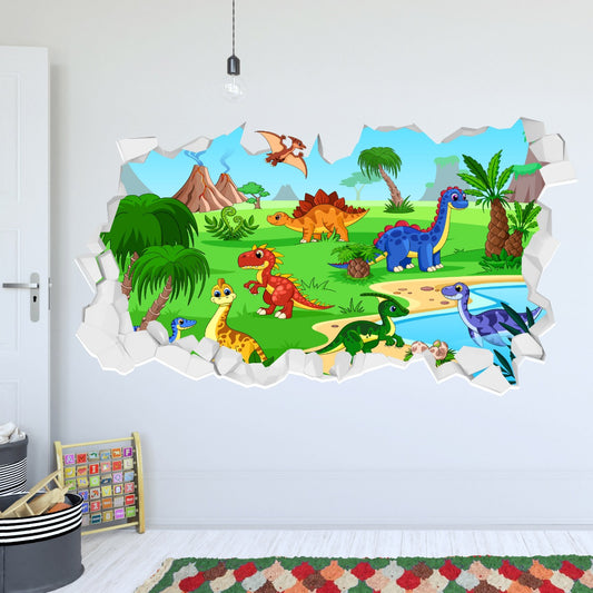 Dinosaur Wall Sticker - Colourful Cartoon Dinosaur Land Broken Wall