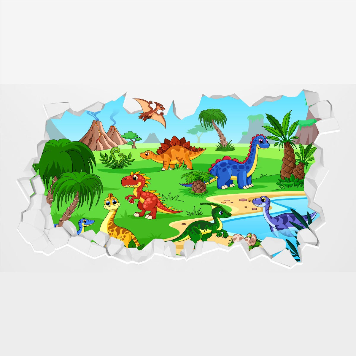 Dinosaur Wall Sticker - Colourful Cartoon Dinosaur Land Broken Wall