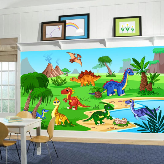 Dinosaur Wall Mural - Colourful Cartoon Dinosaur Land Full Wall Mural