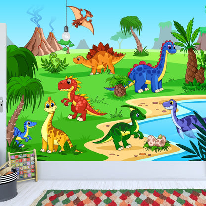 Dinosaur Wall Mural - Colourful Cartoon Dinosaur Land Full Wall Mural