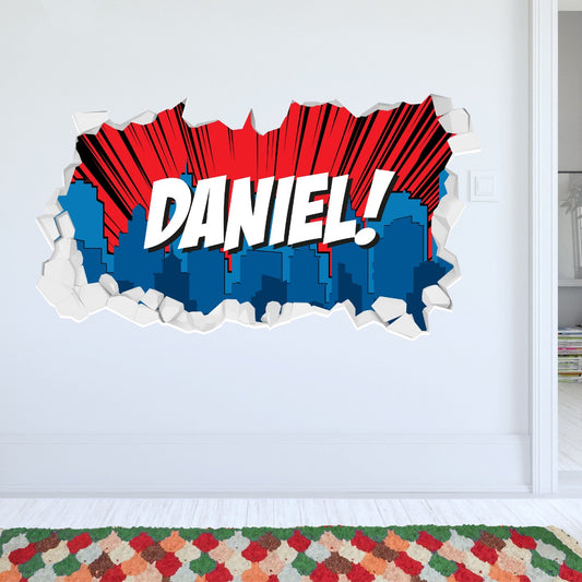 Personalised Name Superhero Cityscape Broken Wall Sticker