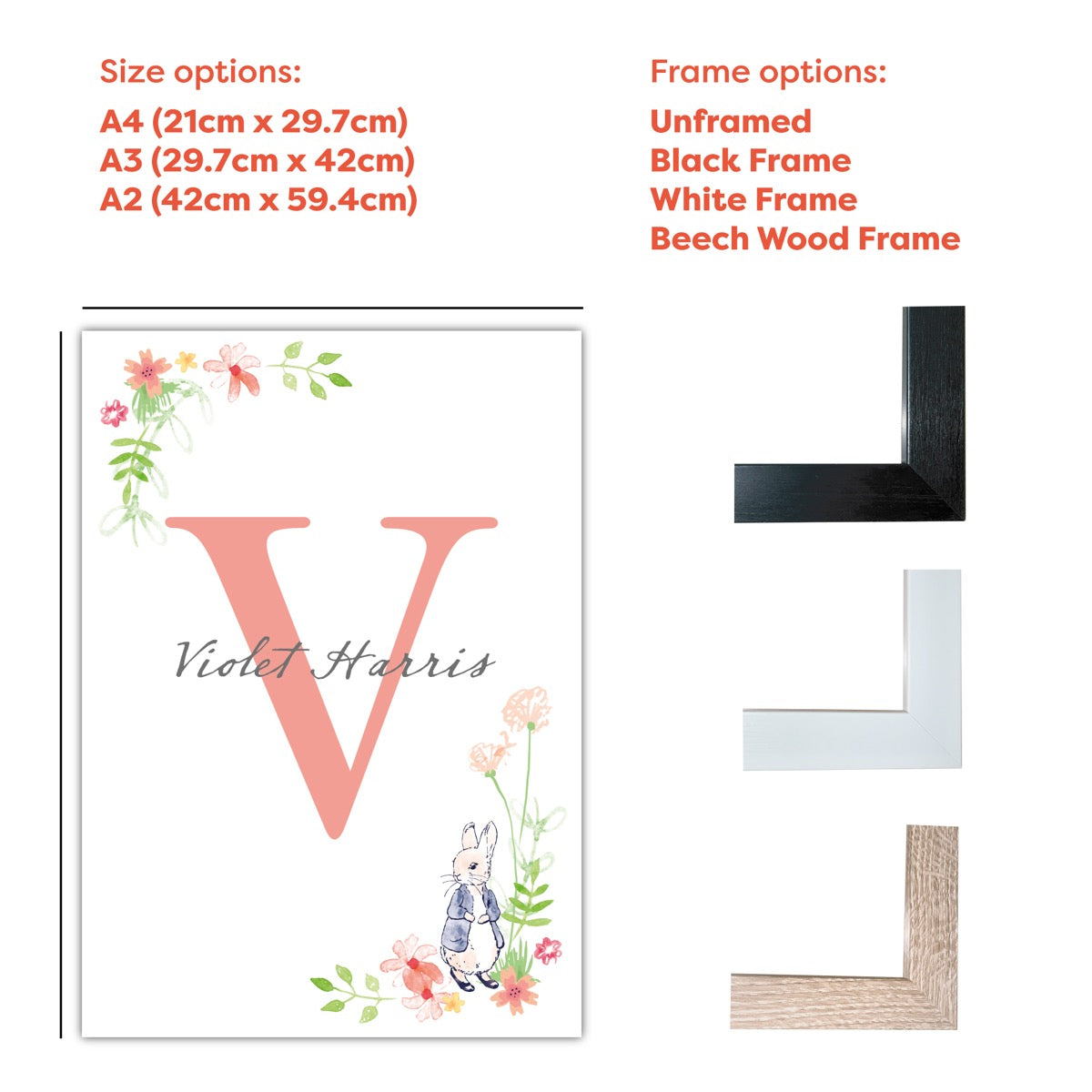 Peter Rabbit Print - Corner Flowers Letter and Personalised Name