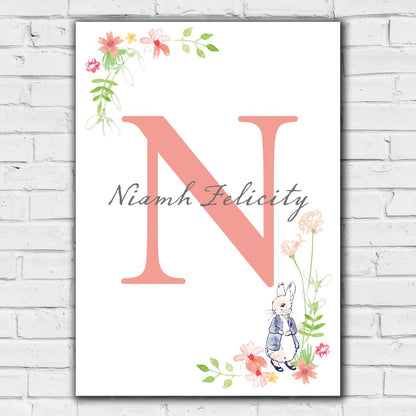 Peter Rabbit Print - Corner Flowers Letter and Personalised Name