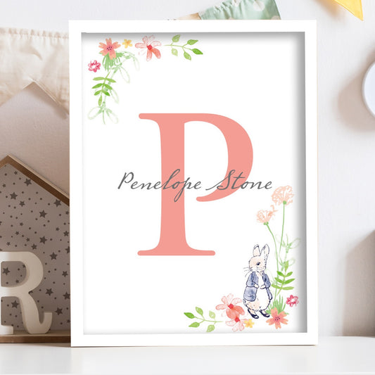 Peter Rabbit Print - Corner Flowers Letter and Personalised Name