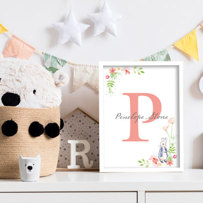 Peter Rabbit Print - Corner Flowers Letter and Personalised Name
