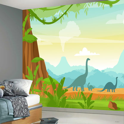 Dinosaur Wall Mural - Dinosaur Silhouette Prehistoric Landscape Full Wall Mural