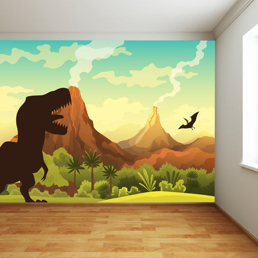 Dinosaur Wall Mural - T-Rex Silhouette with Volcanoes Full Wall Mural