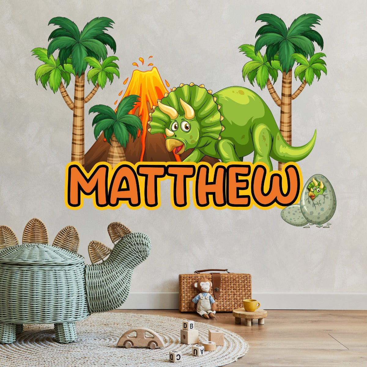 Dinosaur Wall Sticker - Triceratops in Forest Personalised Name