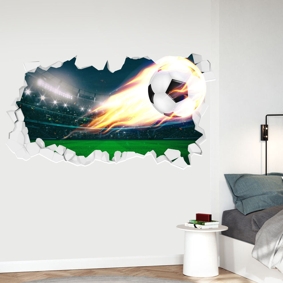 Football Wall Sticker - Fire Football Coming Through Broken Wall Kids ...