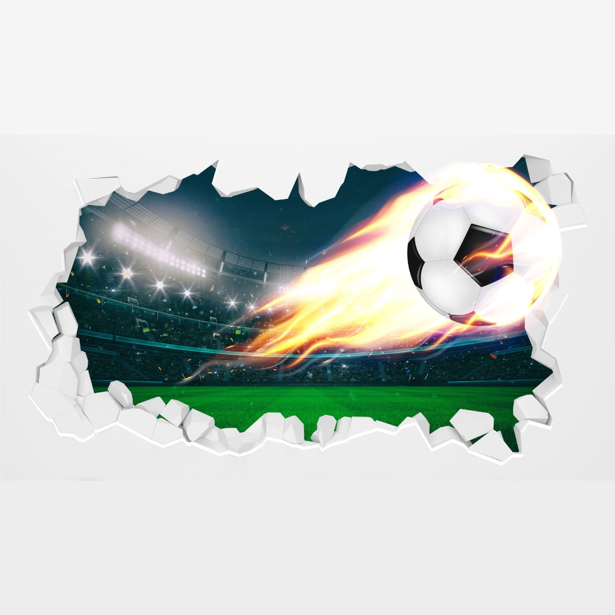 Football Wall Sticker - Fire Football Coming Through Broken Wall