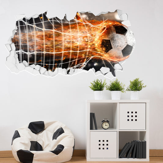 Football Wall Sticker - Fire Football Burning Through Net Broken Wall