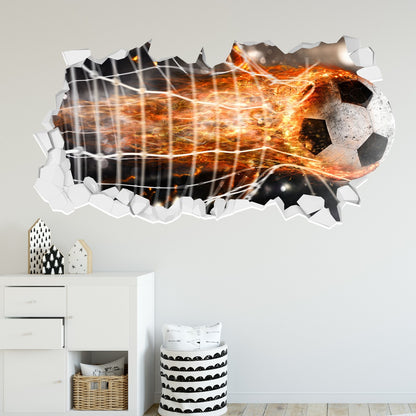 Football Wall Sticker - Fire Football Burning Through Net Broken Wall