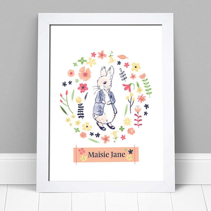 Peter Rabbit Print - Flower Circle Personalised Name Print Baby Nursery Art