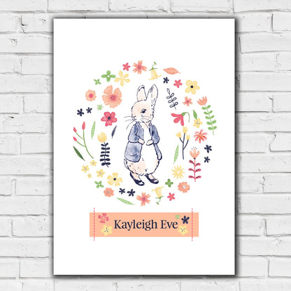 Peter Rabbit Print - Flower Circle Personalised Name Print Baby Nursery Art