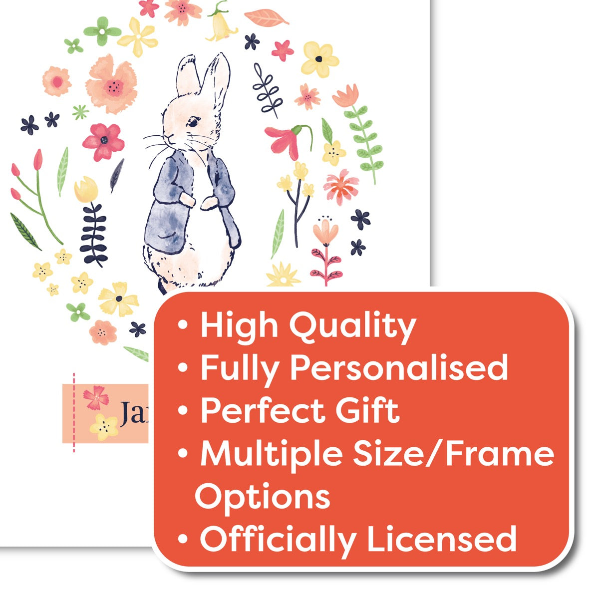 Peter Rabbit Print - Flower Circle Personalised Name Print Baby Nursery Art