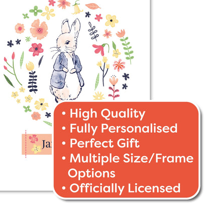Peter Rabbit Print - Flower Circle Personalised Name Print Baby Nursery Art