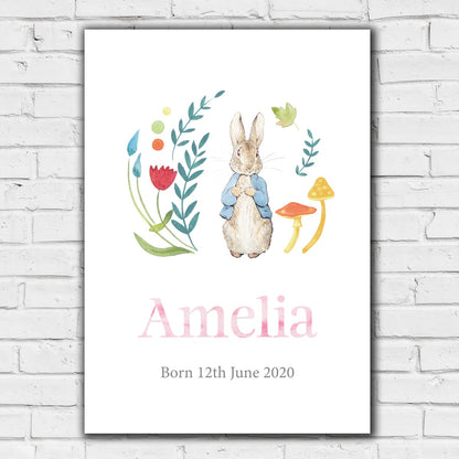 Peter Rabbit Print - Flowers Personalised Name & Date Print