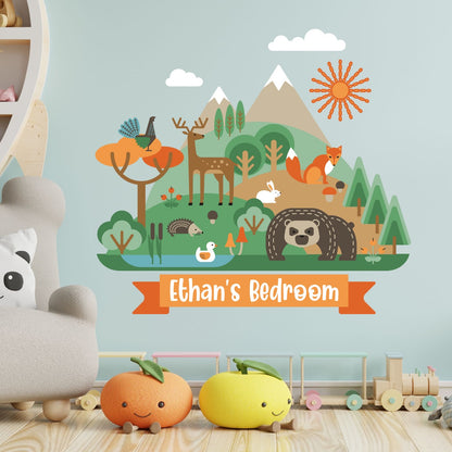 Nursery Wall Sticker - Forest Animals Mountain Personalised Name