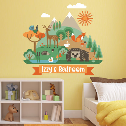 Nursery Wall Sticker - Forest Animals Mountain Personalised Name
