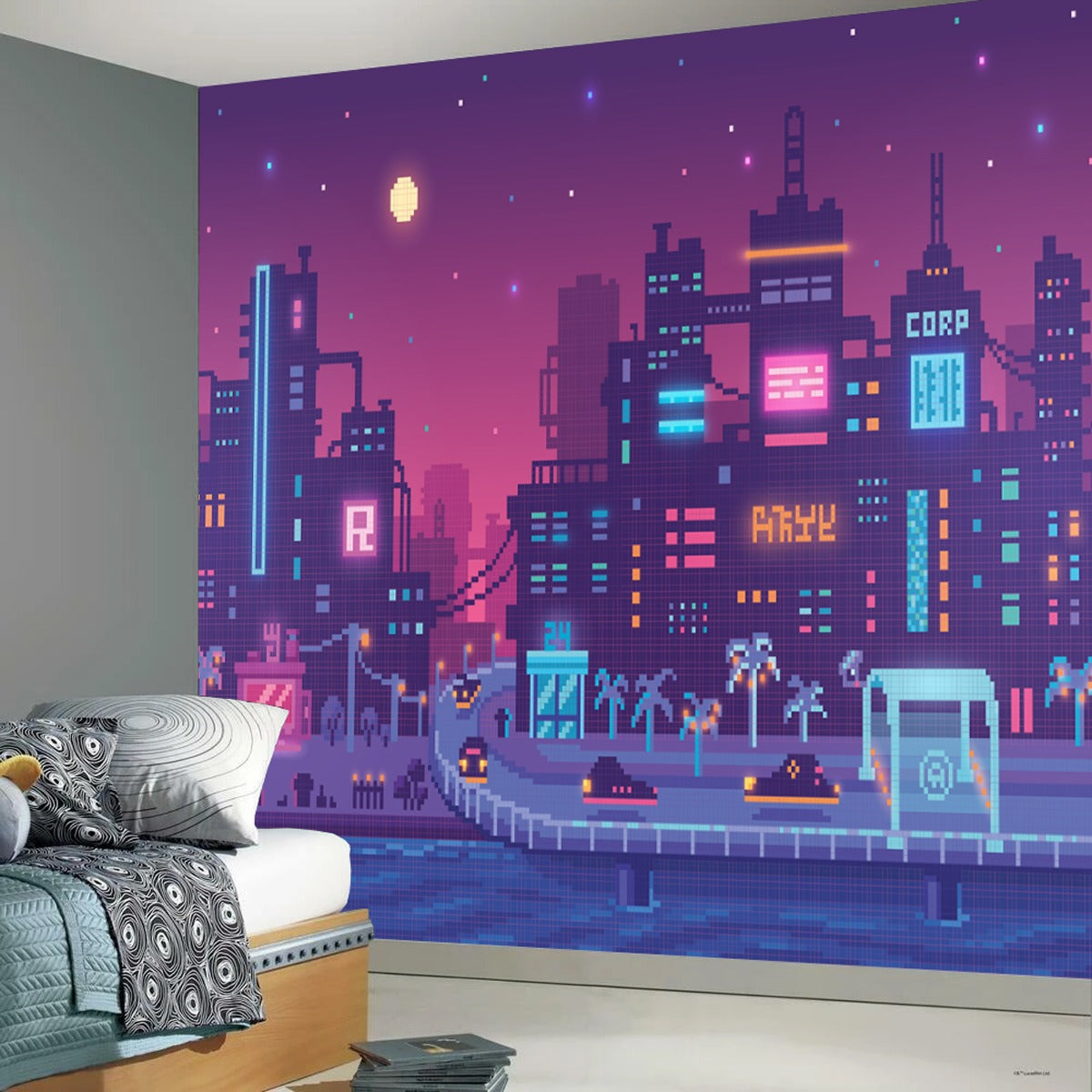 Gaming Wall Mural - Gamer Pixel Metropolis Full Wall Mural