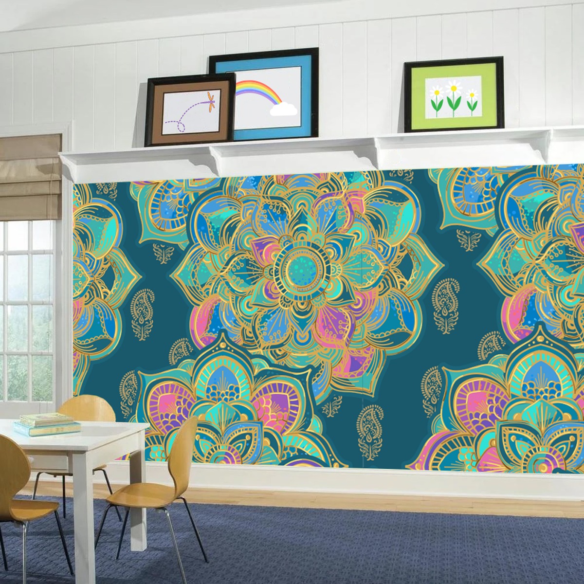 Blue Mural Patterns Mandala Wall Mural - Golden Mandala Flower Pattern Blue Background Full ...