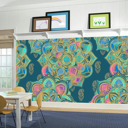 Mandala Wall Mural - Golden Mandala Flower Pattern Blue Background Full Wall Mural