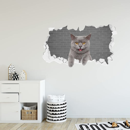 Grey Cat Leaning Over Broken Wall Sticker