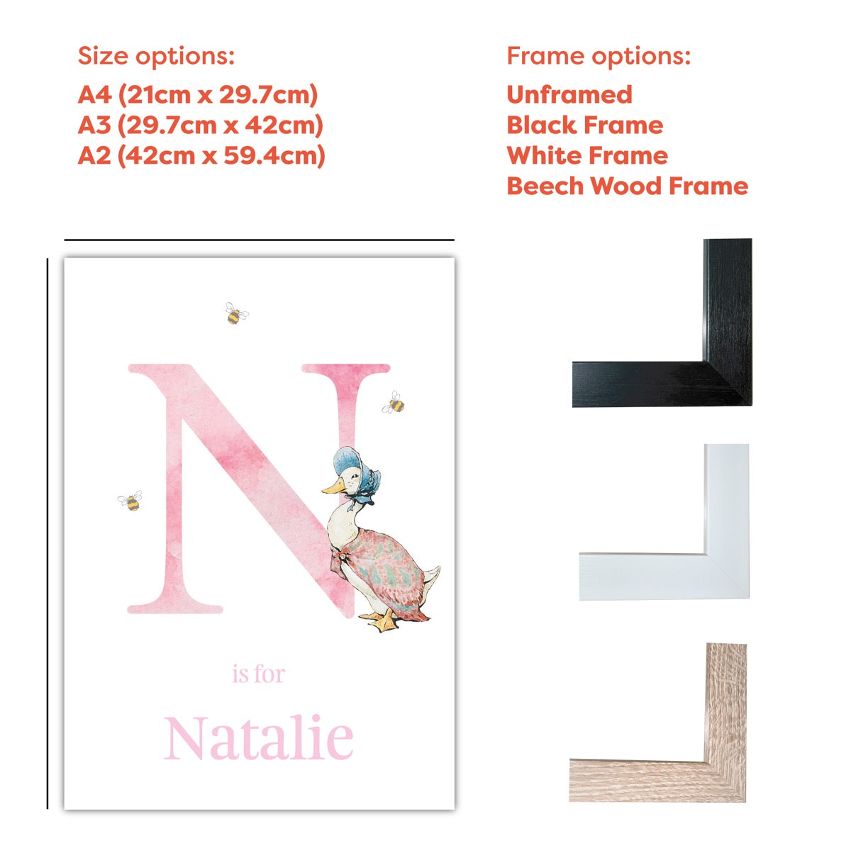 Peter Rabbit Print - Jemima Puddle-Duck Pink Letter & Personalised Name