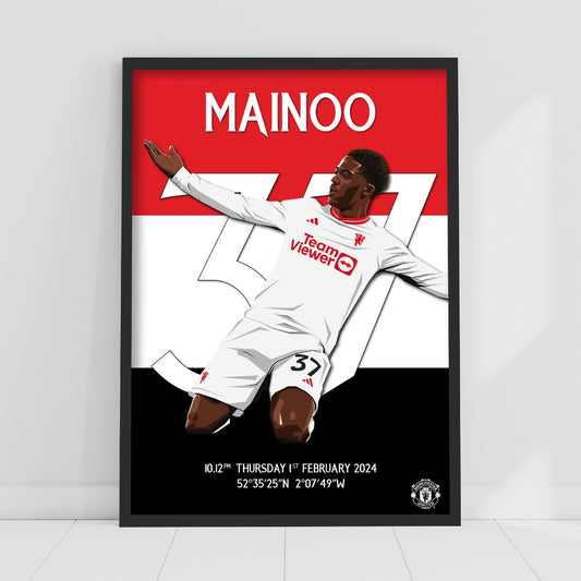 Manchester United FC Print - Mainoo 23/24 Wolves Goal Celebration Illustration Poster Football Wall Art