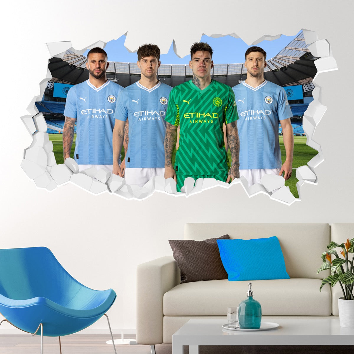 Manchester City Football Club - Defensive Four 23/24 Broken Wall Sticker + Bonus Decal Set