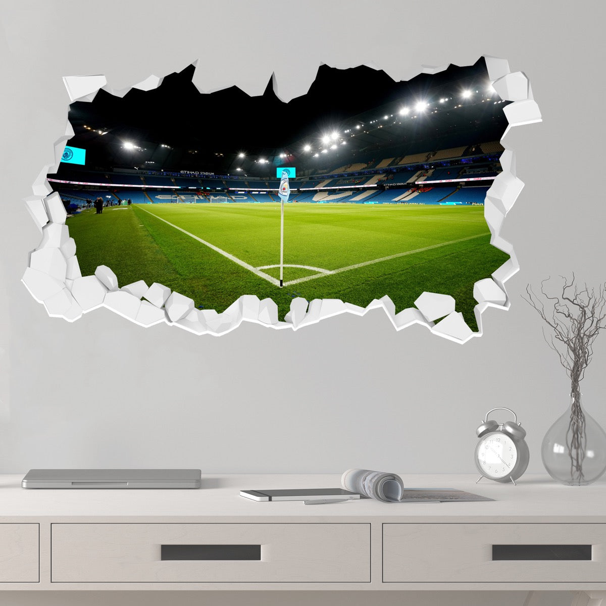 Manchester City Football Club - Night Time Corner Flag Broken Wall Sticker + Bonus Decal Set