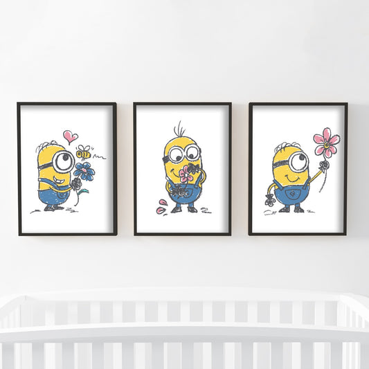 Minions Print - Minion Flower Doodles Set of 3
